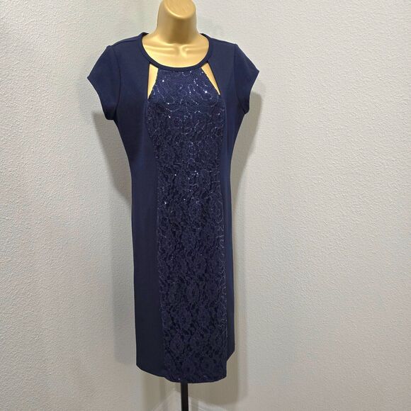 Cocktail Date Dress Womens 8 Sequin Lace Cut Out Short Sleeve Navy Blue Guest - Picture 6 of 9